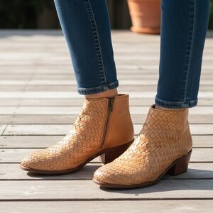 Frye Carson Woven Cognac Leather Chic Ankle Bootie